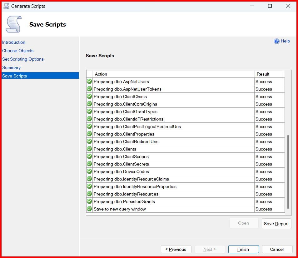 Picture showing the last screen of the Generate and Publish Scripts wizard to show the progress of the generated script
